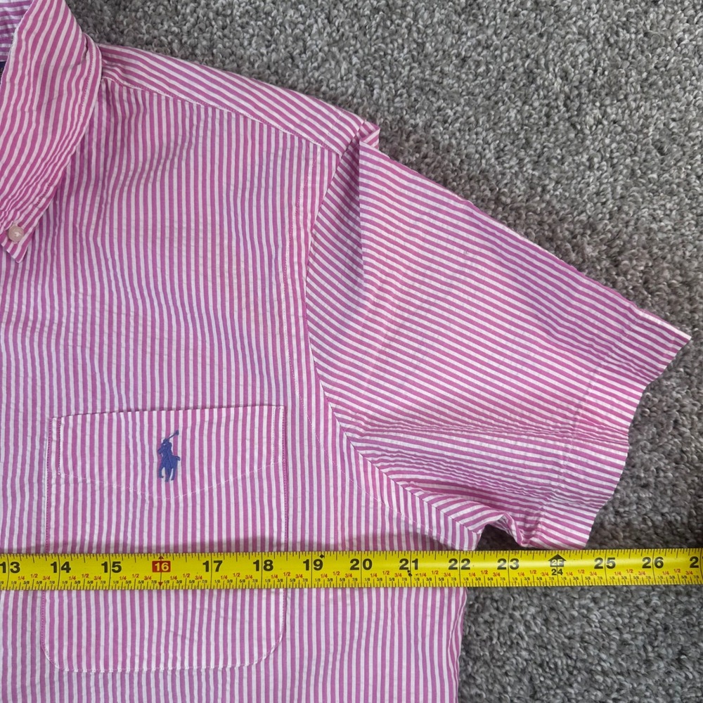 Polo Ralph Lauren Shirt Men Medium Pink Seersucker Stripe Untuck Fit Wrinkle NEW - Picture 5 of 10